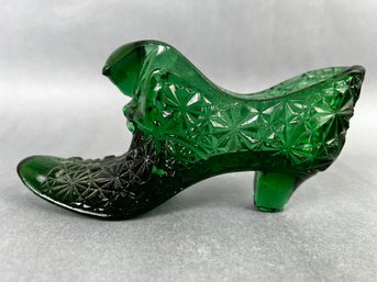 Fenton Cat Head Daisy & Button Dark Green Glass Victorian Shoe Slipper Art Glass