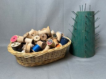 Lot Of Vintage Thread Spools And Holder