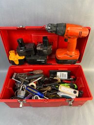 Tool Box Of Tools Batteries Drill And Misc.