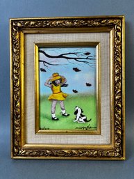 Vintage Framed Signed And Numbered Dominic Mingolla Enamel On Copper Of A Girl And A Dog.