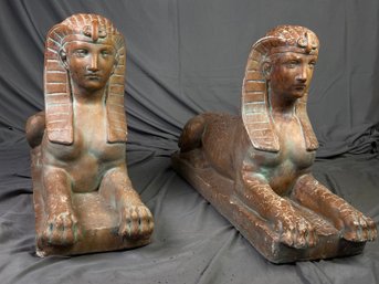 Large Vintage Signed Concrete Egyptian Sphinx Sculptures