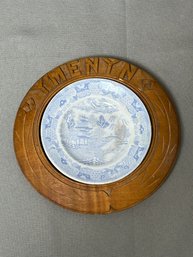 Small Blue & White Transferware Plate In Wood Frame