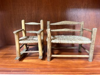 Set Of Miniature Primative Rush Seat Furniture ~ Rocker And Settee