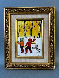 Vintage Framed Signed And Numbered Dominic Mingolla Enamel On Copper Of 2 Children And A Dog.