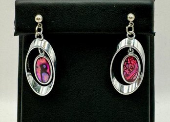 Silver Tone Pierced Earrings With Pink Stone