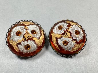 Vintage Round Floral Etched Clip Earrings