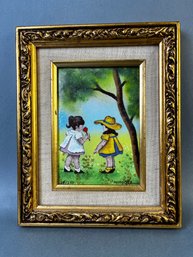 Vintage Framed Signed And Numbered Dominic Mingolla Enamel On Copper Of 2 Girls With A Flower.