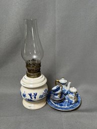 Grouping Of Two Blue Willow Pieces: Small Lamp And Childs Tea Set