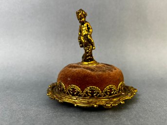 Antique Brass And Velvet Cherub Pin Cushion.