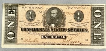 1864 Confederate States Of America One Dollar