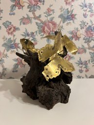 Vintage Brass Butterly And Wood Art Sculpture