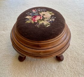 Vintage Round Wood Foot Stool With Needlepoint Top