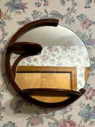 Art Deco Round Mirror With Wood Small Shelves