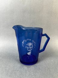 Antique Blue Glass Shirley Temple Pitcher.