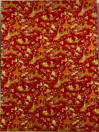 Large Fabric On Canvas, Red & Yellow Floral & Asian Print
