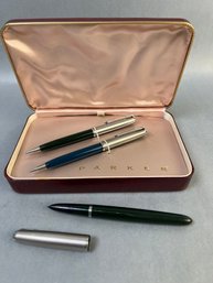 2 Parker Mechanical Pencils And A Parker Fountain Pen In A Case.