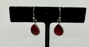 Small Sterling And Red Stone Teardrop Pierced Earrings