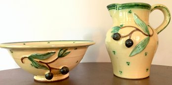 DAuvergne Majolica Pitcher & Bowl, Hand Painted French Pottery