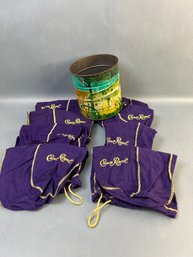 8 Crown Royal Velour Bags And A Vintage MJB Coffee Tin.