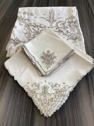 Ivory Lace Etched Table Cloth With 11 Large Napkins And  6 Small Napkins