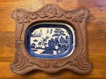 Vintage Blue Willow Serving Bowl In Carved Wood Frame