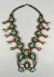 Vintage Navajo Sterling And Turquoise Squash Blossom Necklace