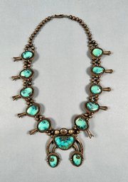 Vintage Navajo Sterling And Turquoise Squash Blossom Necklace