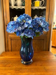 Heavy Cobalt Blue Vase With Faux Hydrangea Arrangement