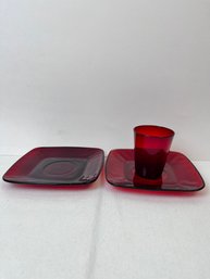 Ruby Glassware Small Plates And A Small Glass.