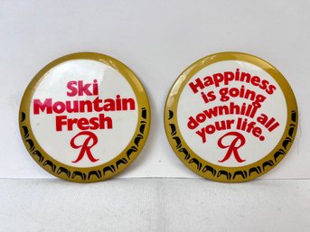 2 Vintage Rainier Beer Pin Back Ski Buttons.