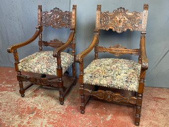 2 Vintage Large Ornate Carved Tapestry Armchairs.