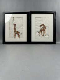 2 Hand Stitched Framed  Giraffes