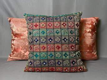 Lot Of 3 Decorative Pillows - Sateen & Beaded