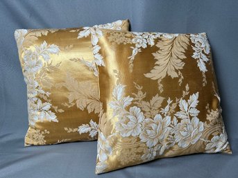 Pair Of Gold Sateen Floral Throw Pillows