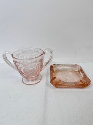 Vintage Rose Glass Ashtray And A Fostoria Footed Sugar Container.