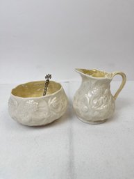 Belleek Cream Pitcher And Sugar Bowl.