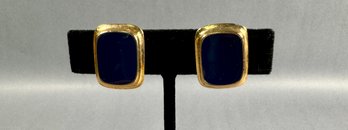 Gold Tone And Blue Stone Clip Earrings