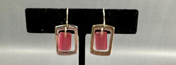Silver Tone And Pink Stone Pierced Earrings