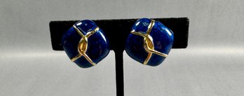 Blue Enamel And Gold Tone Clip On Earrings