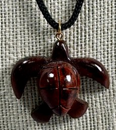 Wooden Turtle On Black String Necklace