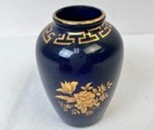 Small Blue Floral Vase With Greek Key Detail