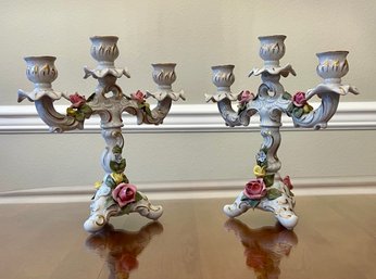 Pair Of Dresden 3 Arm Floral Candle Sticks