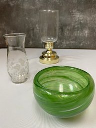 Hurricane Lamp, Art Glass Bowl & Vase