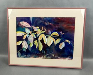 Leafy Branch Framed Watercolor: Artist Sogned, W. Saba 1990