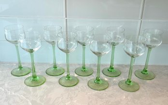 9 Etched Clear Glass And Green Stem - German Made Wine Glasses  *Local Pick Up Only*
