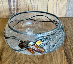 Signed Art Glass Bowl With Leaded Metal Design *LOCAL PICKUP ONLY - NO SHIPPING*