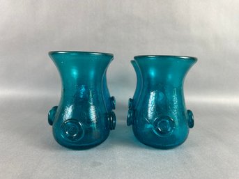 Set Of 4 Turquoise Hand Blown Crackle Glass Ware