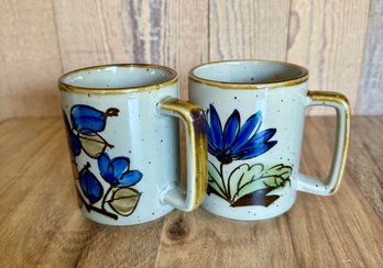 Set Of Vintage Fred Roberts Blue Floral Stoneware Mugs *LOCAL PICKUP ONLY - NO SHIPPING*