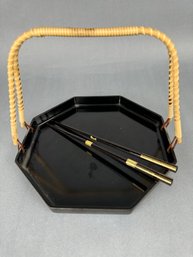 Asian Lacquer Serving Tray And 1 Pair Of Chop Sticks