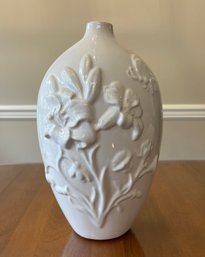 Tall White Vase With Lilies & Butterfy Accents